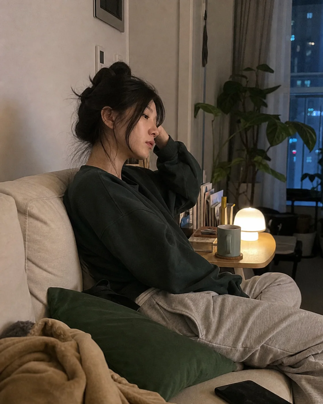 늦은 저녁 집에서 피곤한 하루를 쉬어가는 일상 장면