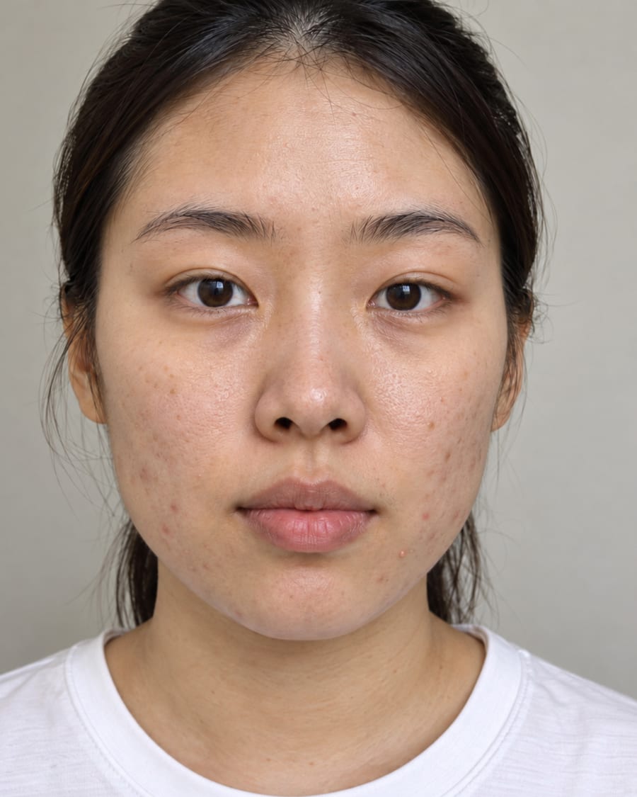 The same AI-generated example face after treatment, with the red bumps mostly settled and the marks lighter