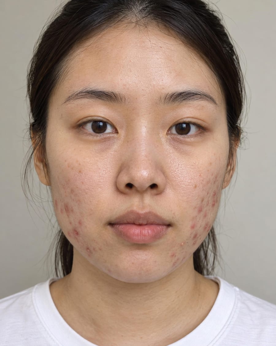 An AI-generated example face with clusters of red inflamed bumps on both lower cheeks, flat red marks and small brown spots