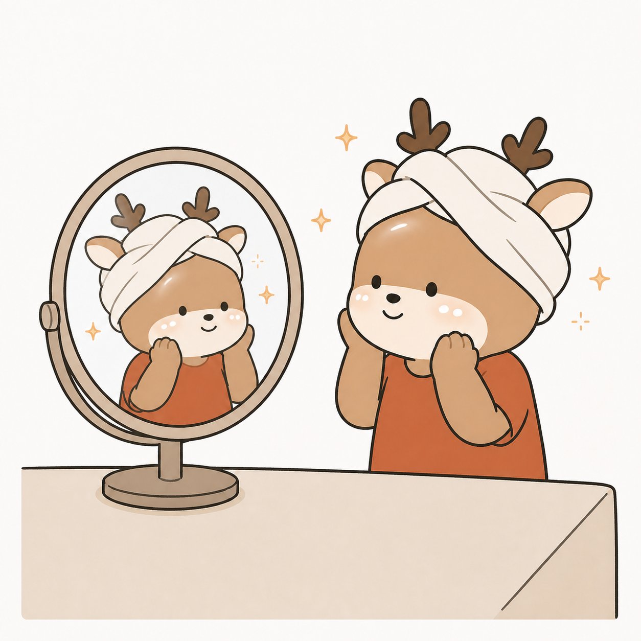테라코타색 티셔츠와 헤어 터번을 한 디어 사슴이 거울 속 촉촉하게 빛나는 얼굴을 바라보며 웃는 일러스트