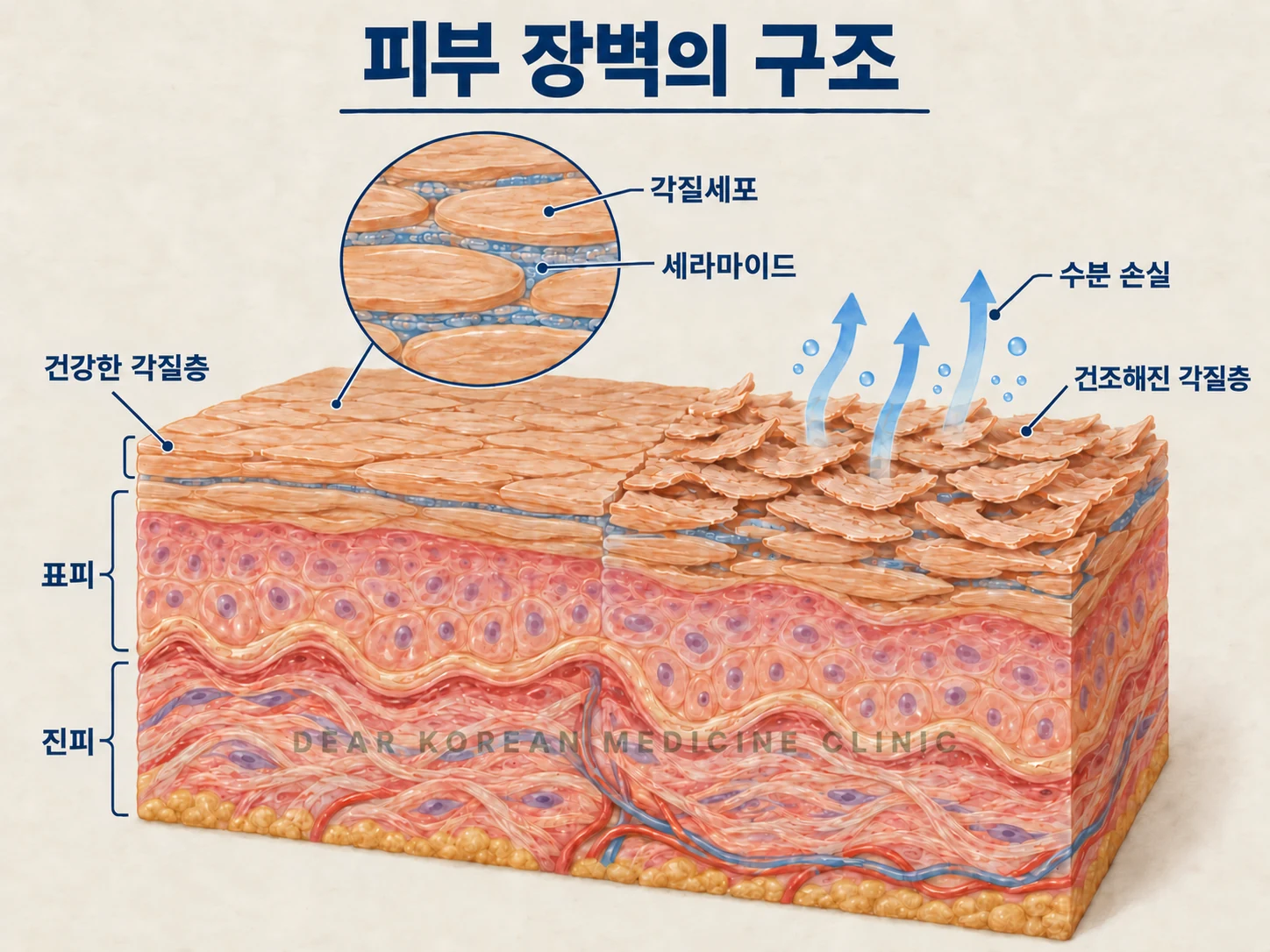 건강한 각질층과 건조해진 각질층을 비교하고 각질세포 사이의 세라마이드와 수분 손실을 설명한 피부 장벽 의학 도판
