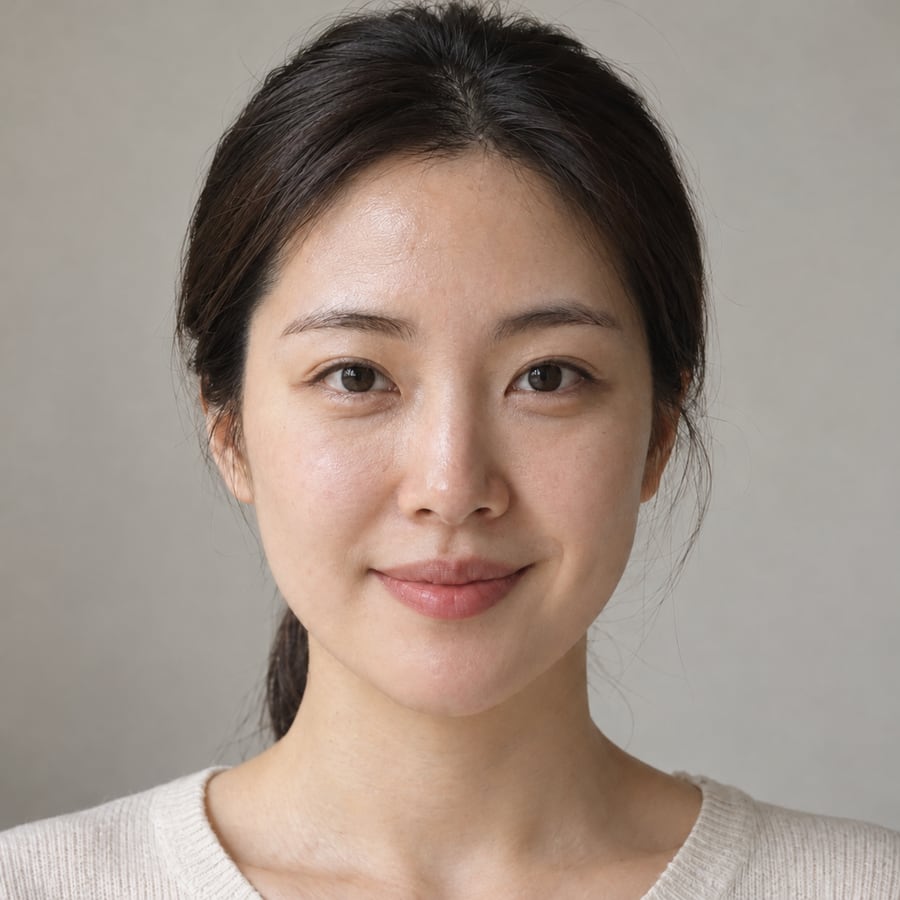 같은 여성이 양쪽 입꼬리가 같은 높이로 올라간 대칭인 웃음을 짓는 정면 얼굴, AI로 만든 예시