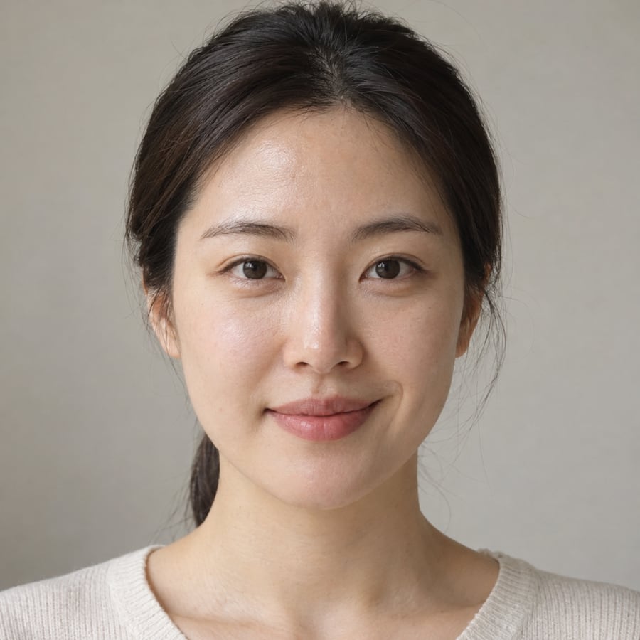 웃을 때 오른쪽 입꼬리가 왼쪽보다 덜 올라가 웃음이 짝짝이인 30대 여성의 정면 얼굴, AI로 만든 예시