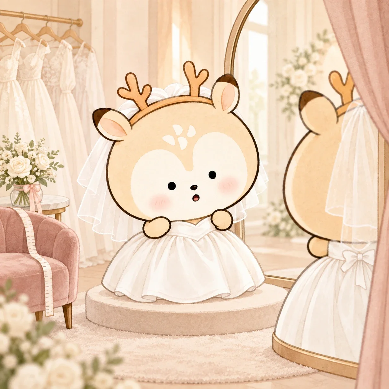 드레스 숍 거울 앞 둥근 단 위에서 웨딩드레스와 베일을 입고 숨을 참는 디숭이, 옆 의자에 걸친 줄자와 부케