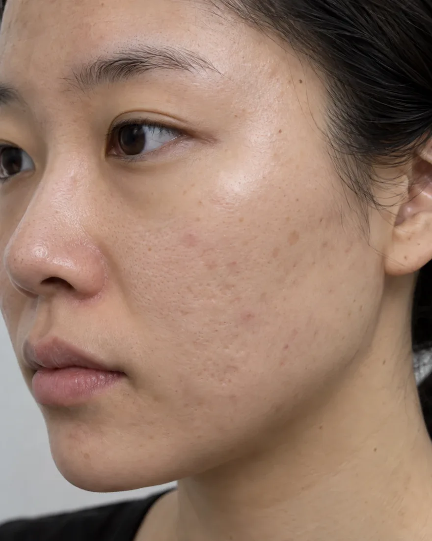 AI로 만든 예시 이미지. 같은 볼에서 올라온 여드름이 가라앉고 붉은 자국이 옅어지며 패인 흉터의 경계가 완만해진 모습