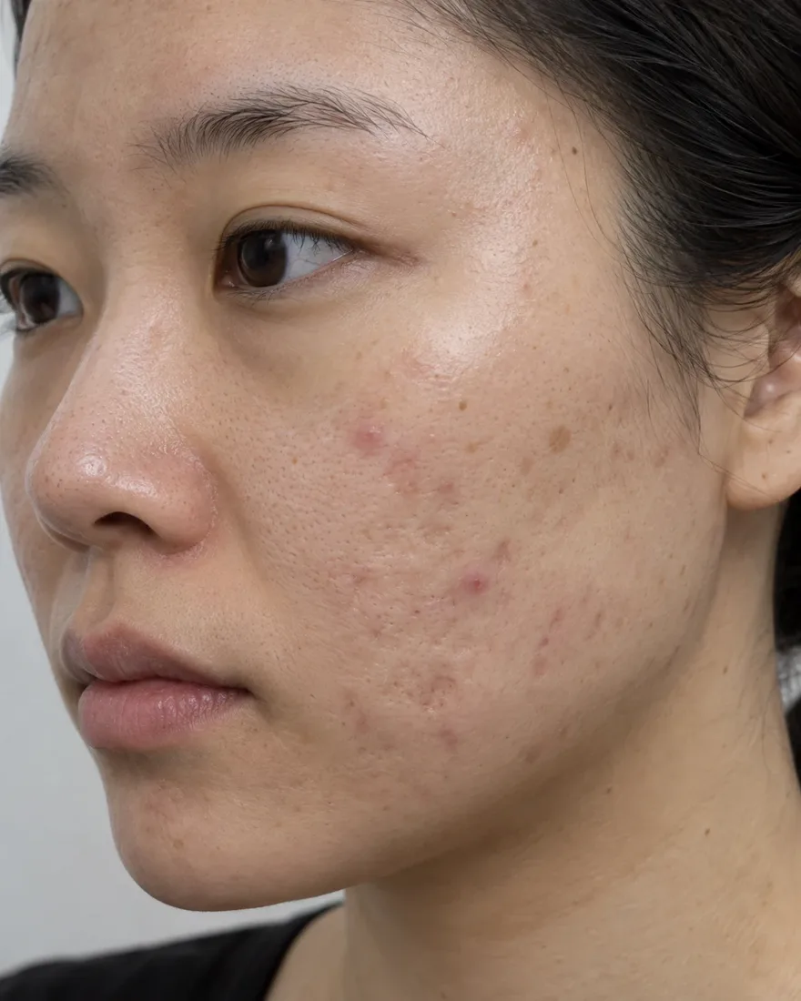 AI로 만든 예시 이미지. 볼에 붉게 올라온 여드름, 붉은 자국, 갈색 자국, 아래 볼의 패인 흉터가 함께 있는 맨얼굴