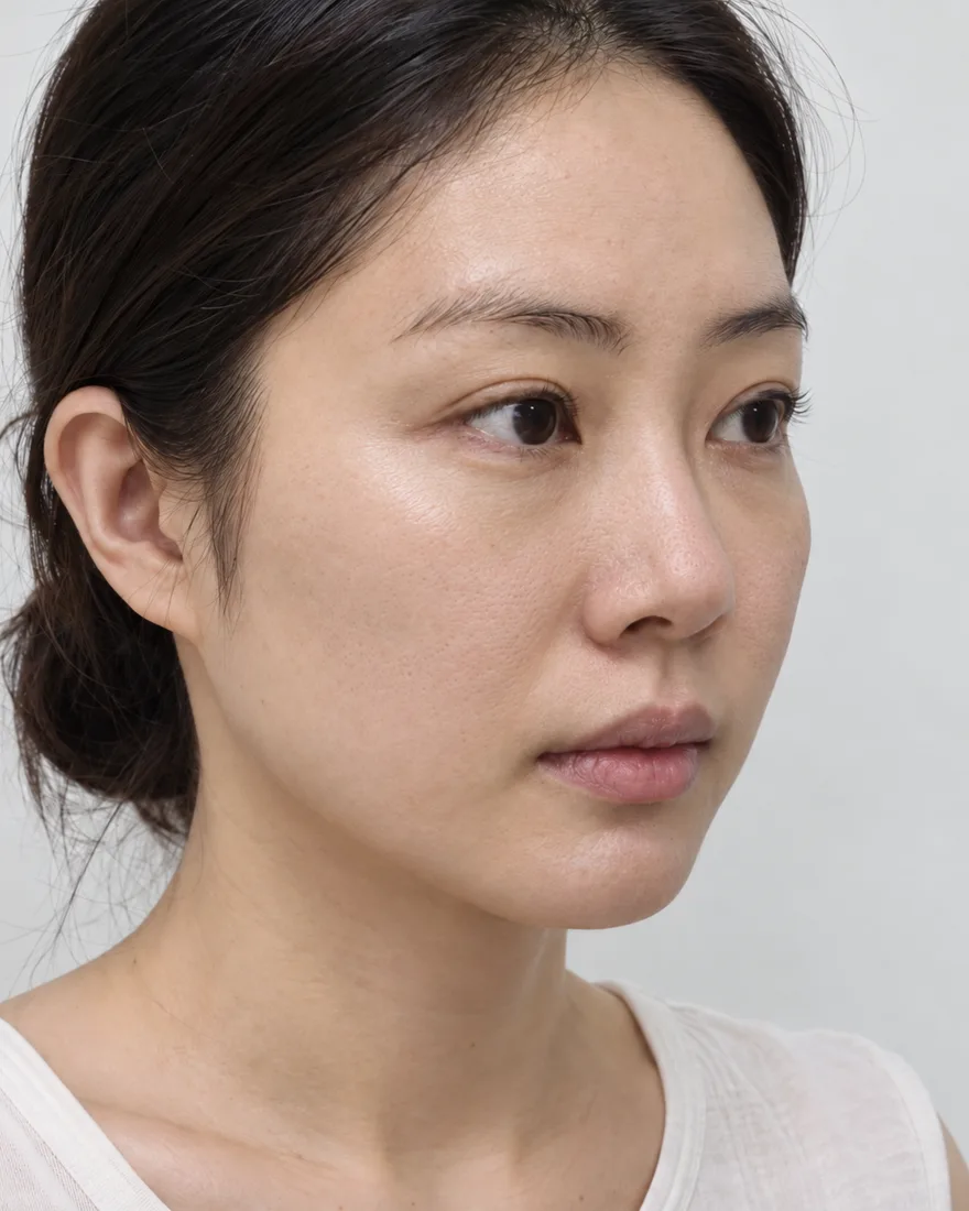 AI로 만든 예시 이미지. 같은 얼굴에서 볼의 결이 고르고 눈 밑 잔주름이 옅어지며 광대 위에 자연스러운 수분감이 도는 모습
