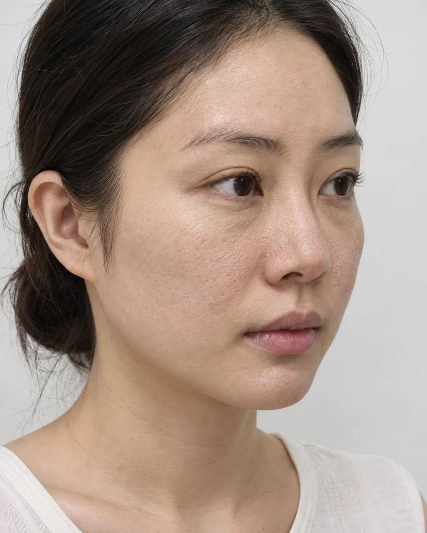 AI로 만든 예시 이미지. 볼 모공이 넓고 결이 거칠며 눈 밑에 건조한 잔주름이 있는 맨얼굴