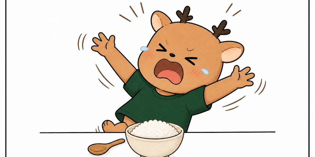 아기 사슴이 밥을 먹지 않겠다고 양팔을 흔들며 떼쓰는 그림