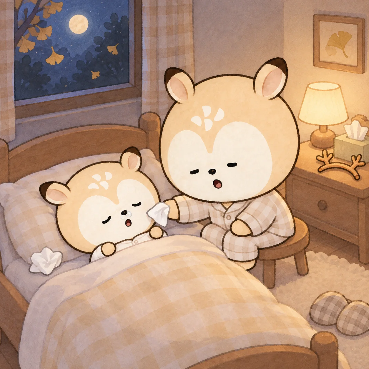 달빛이 드는 가을밤 아이 방, 입을 벌리고 자는 아기 디숭이의 코를 휴지로 닦아 주는 잠옷 차림의 디숭이, 협탁 위 무드등과 휴지 상자, 벗어 둔 뿔 머리띠