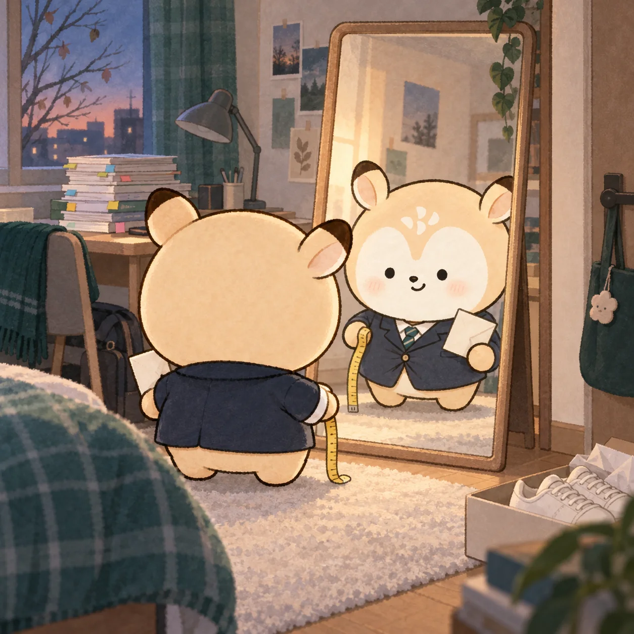 수능을 막 끝낸 늦가을 저녁 방 안, 조금 끼는 교복 재킷을 입은 디숭이가 전신 거울 앞에서 줄자와 수험표 봉투를 들고 머쓱하게 웃는 모습, 책상 위 문제집 더미와 상자 속 새 운동화