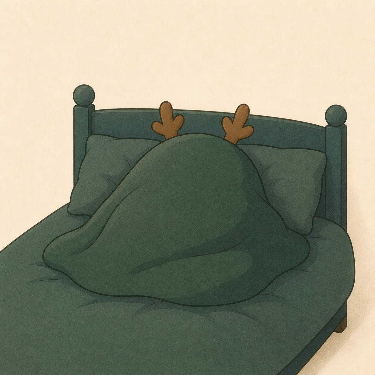 어두운 초록색 이불을 뒤집어쓰고 침대 위에 웅크린 채 뿔만 내놓은 디어 사슴 일러스트