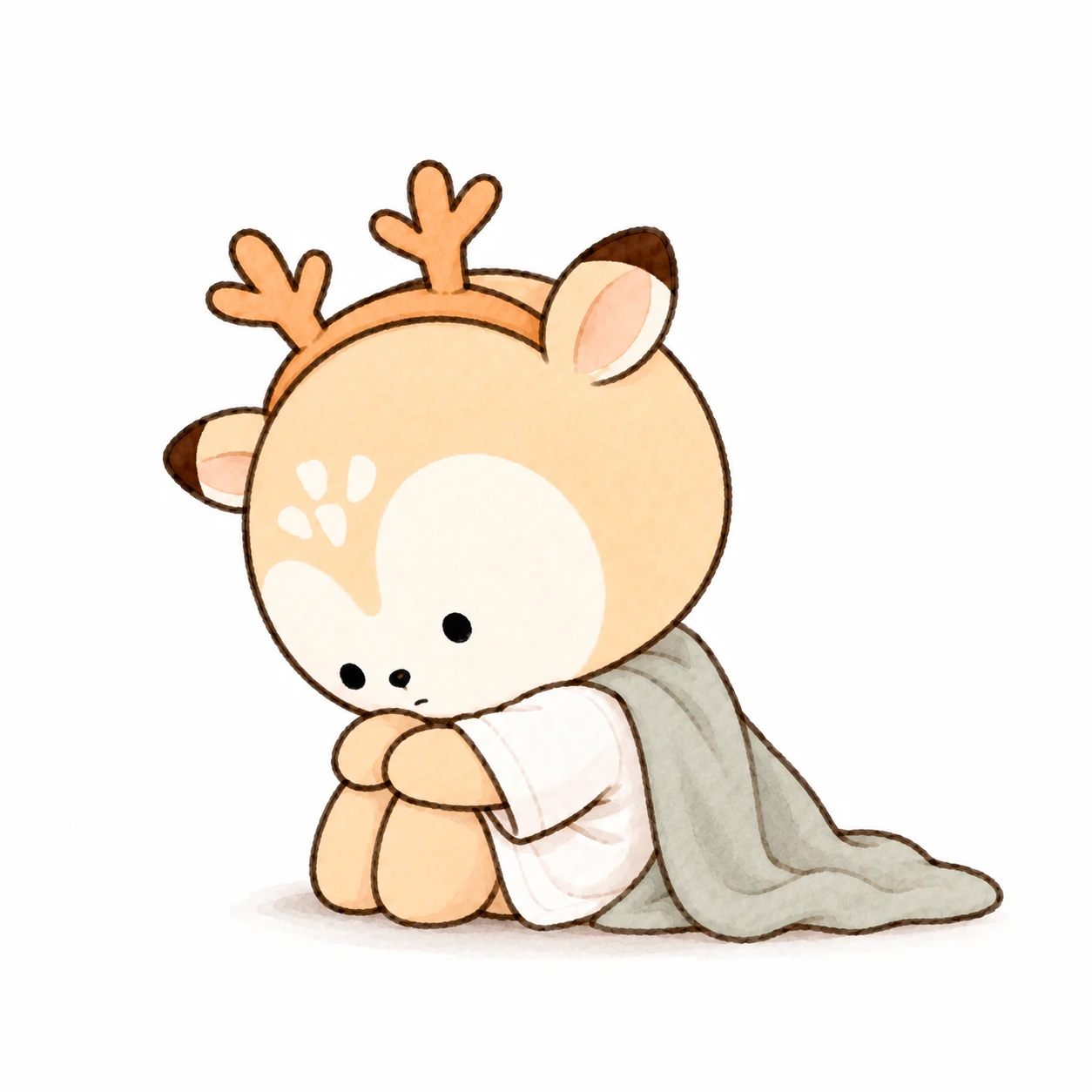 뿔 머리띠를 쓴 디숭이가 회색 담요를 두르고 무릎을 끌어안은 채 웅크려 앉아 있는 일러스트