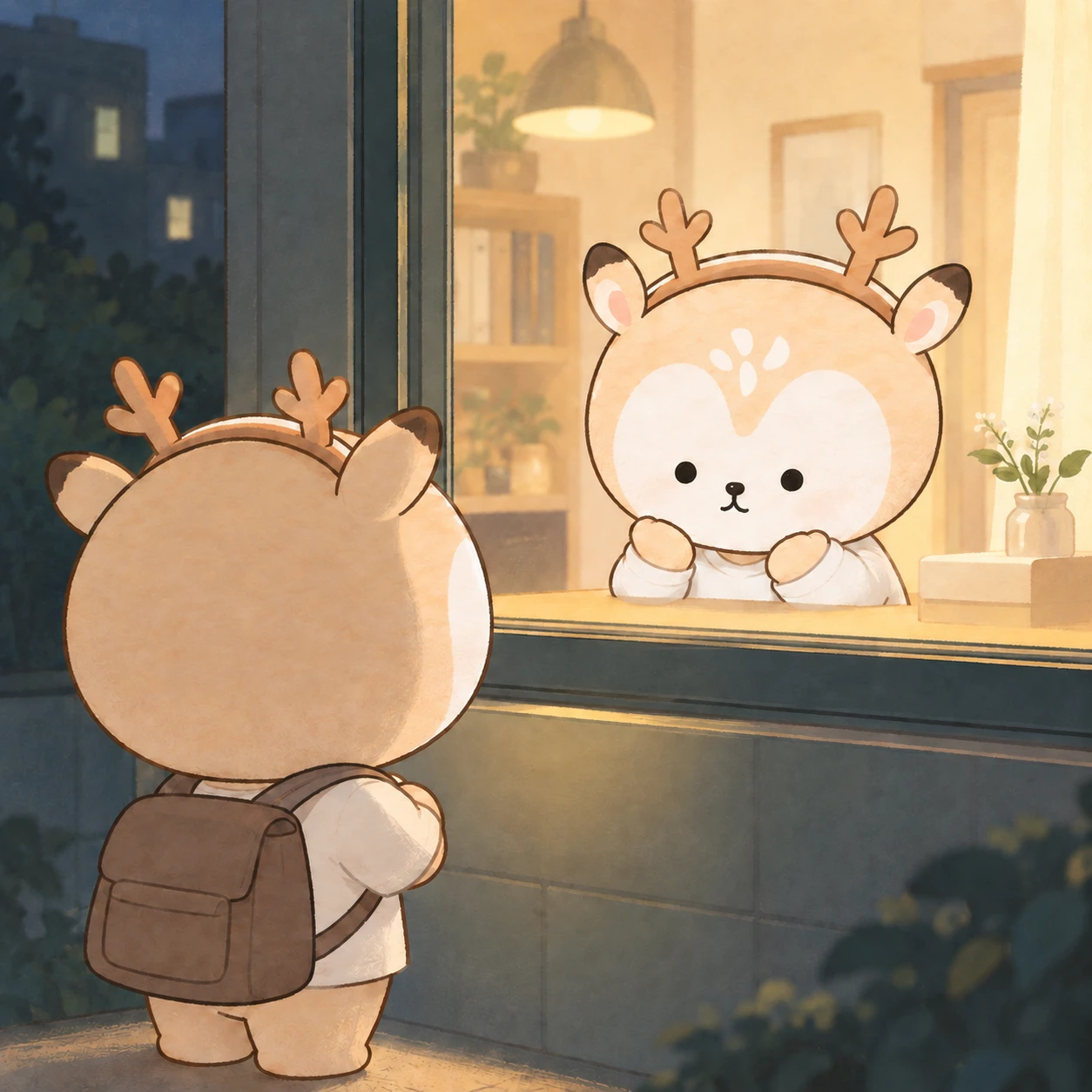 가방을 멘 디숭이가 밤에 불 켜진 창문 앞에 서 있고 창 안에서 다른 디숭이가 기다리고 있는 일러스트