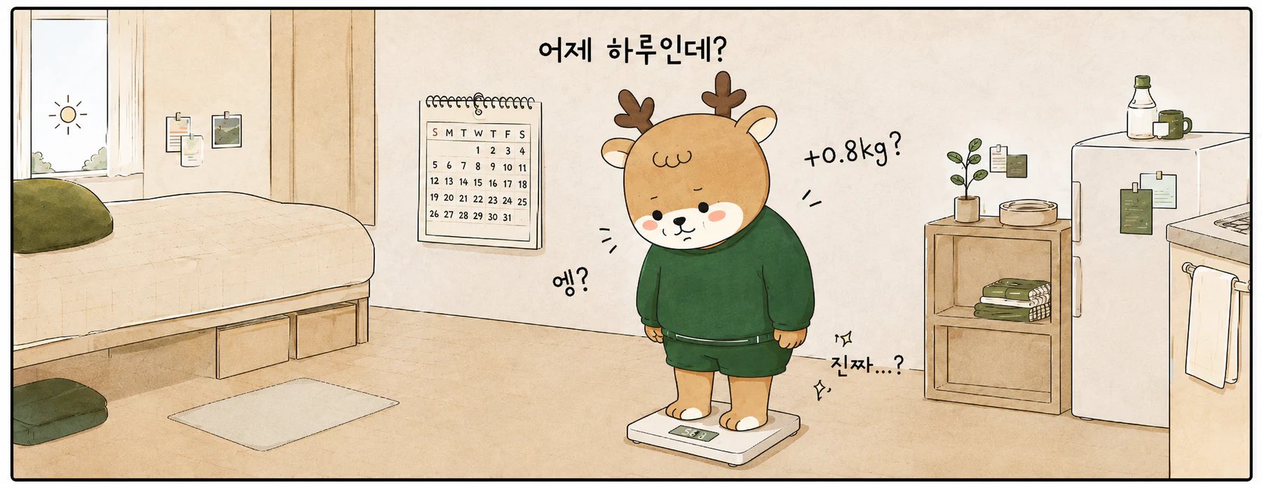 다음 날 체중계의 0.8kg 증가를 보고 놀란 사슴