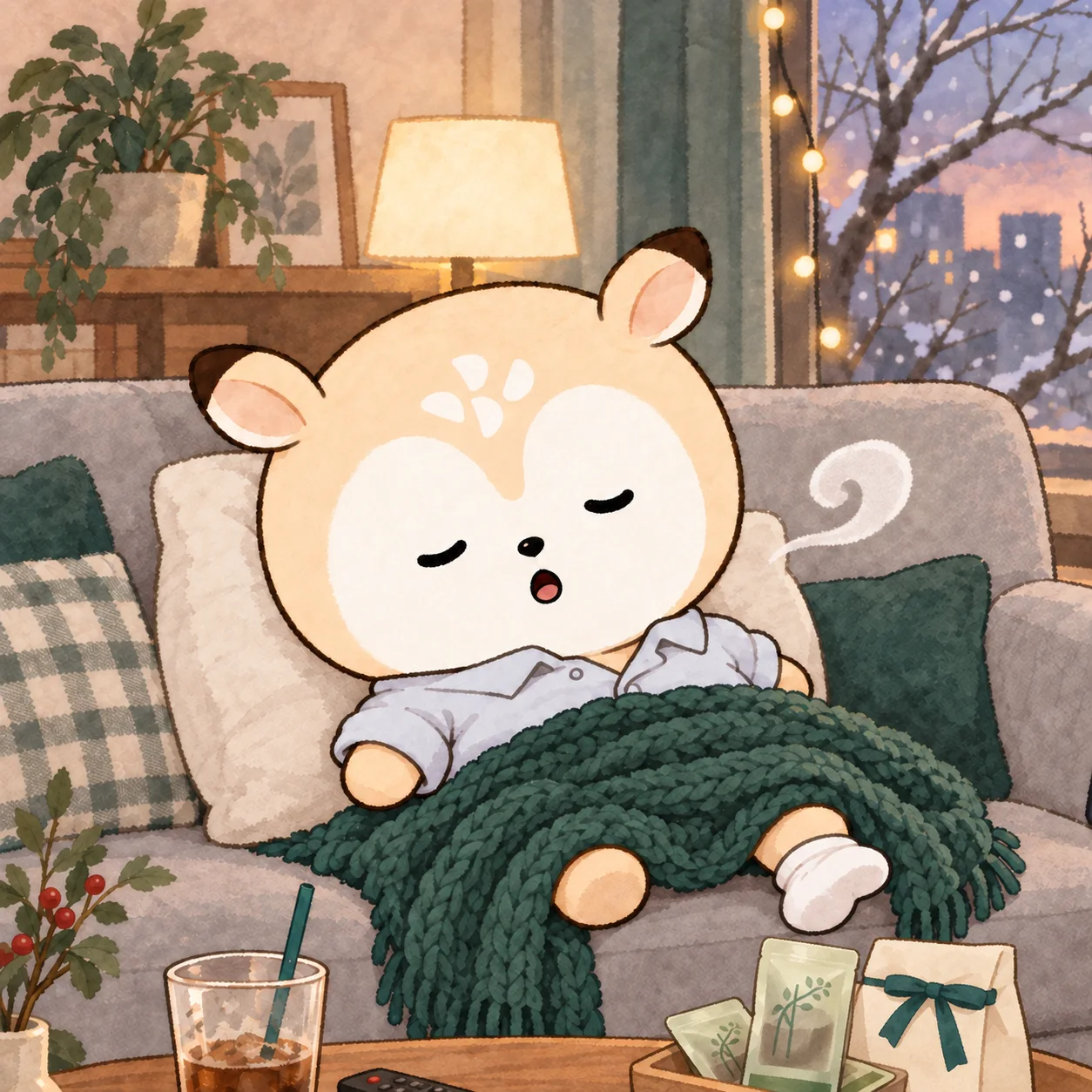 연말 저녁 거실 소파에서 와이셔츠 차림으로 잠든 디숭이, 무릎에 덮인 초록 담요, 탁자 위 리본 묶은 종이가방과 디어한의원 한약 파우치