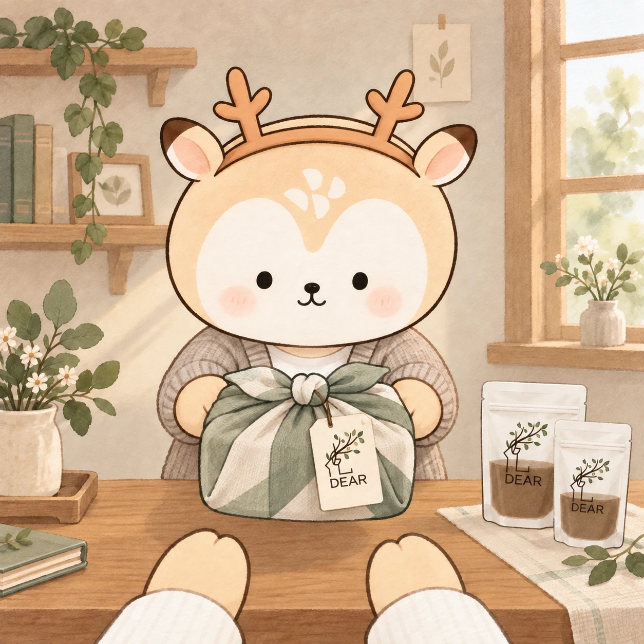 보자기로 싼 한약 꾸러미를 두 손으로 건네는 디숭이와 DEAR 행택, 옆에 디어한의원 한약 파우치