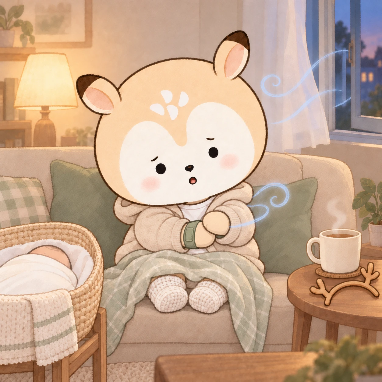 창틈으로 찬 바람이 드는 저녁 거실에서 후드티를 입고 보호대를 찬 손목을 감싸 쥔 디숭이, 옆 바구니 침대에 잠든 아기와 탁자 위에 벗어 둔 뿔 머리띠
