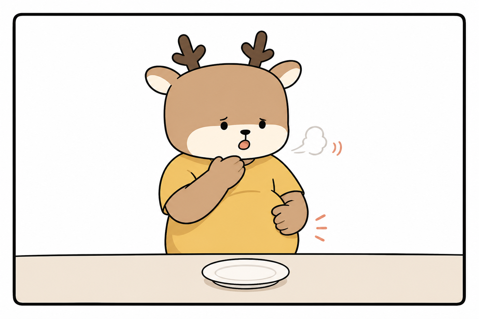 노란 티셔츠를 입은 사슴이 식탁에 앉아 한 손으로 목을 짚고 다른 손으로 더부룩한 배를 감싸며 트림하는 웹툰 일러스트