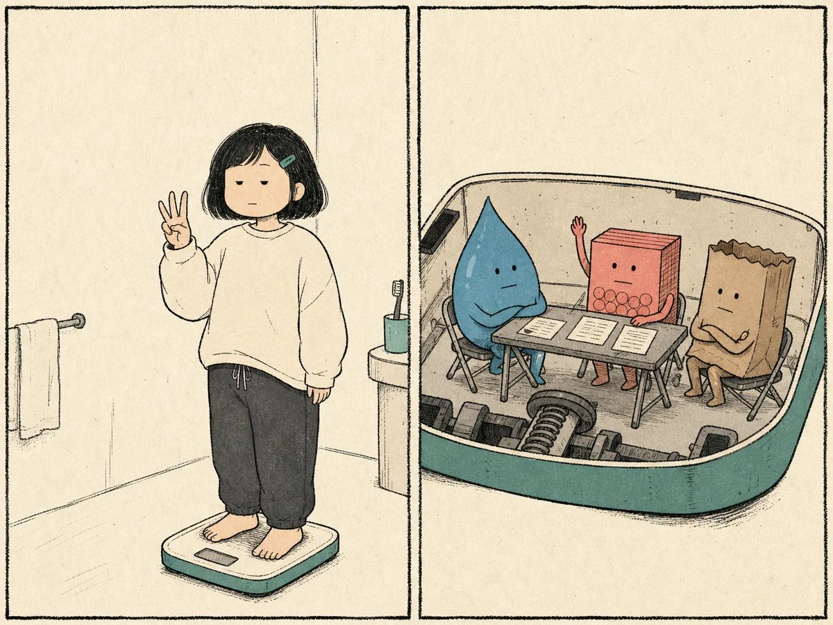 사흘간 식사 조절을 한 여성과 체중계 안에서 회의 중인 체수분, 글리코겐, 소화관 내용물 캐릭터