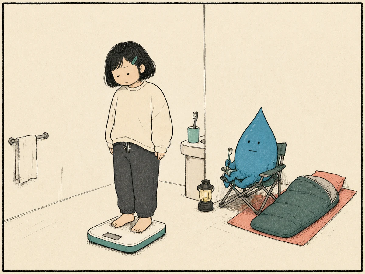 체중계 옆에서 침낭과 캠핑 의자를 펴고 하룻밤 머무는 체수분 캐릭터를 바라보는 여성
