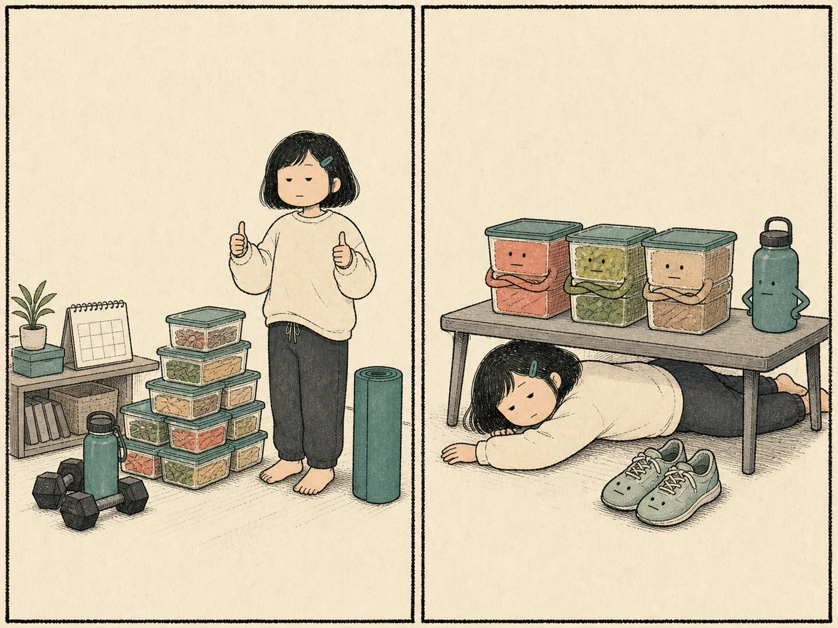 월요일의 완벽한 식단과 운동 준비, 수요일 야근 뒤 책상 아래 누운 현실을 대비한 여성