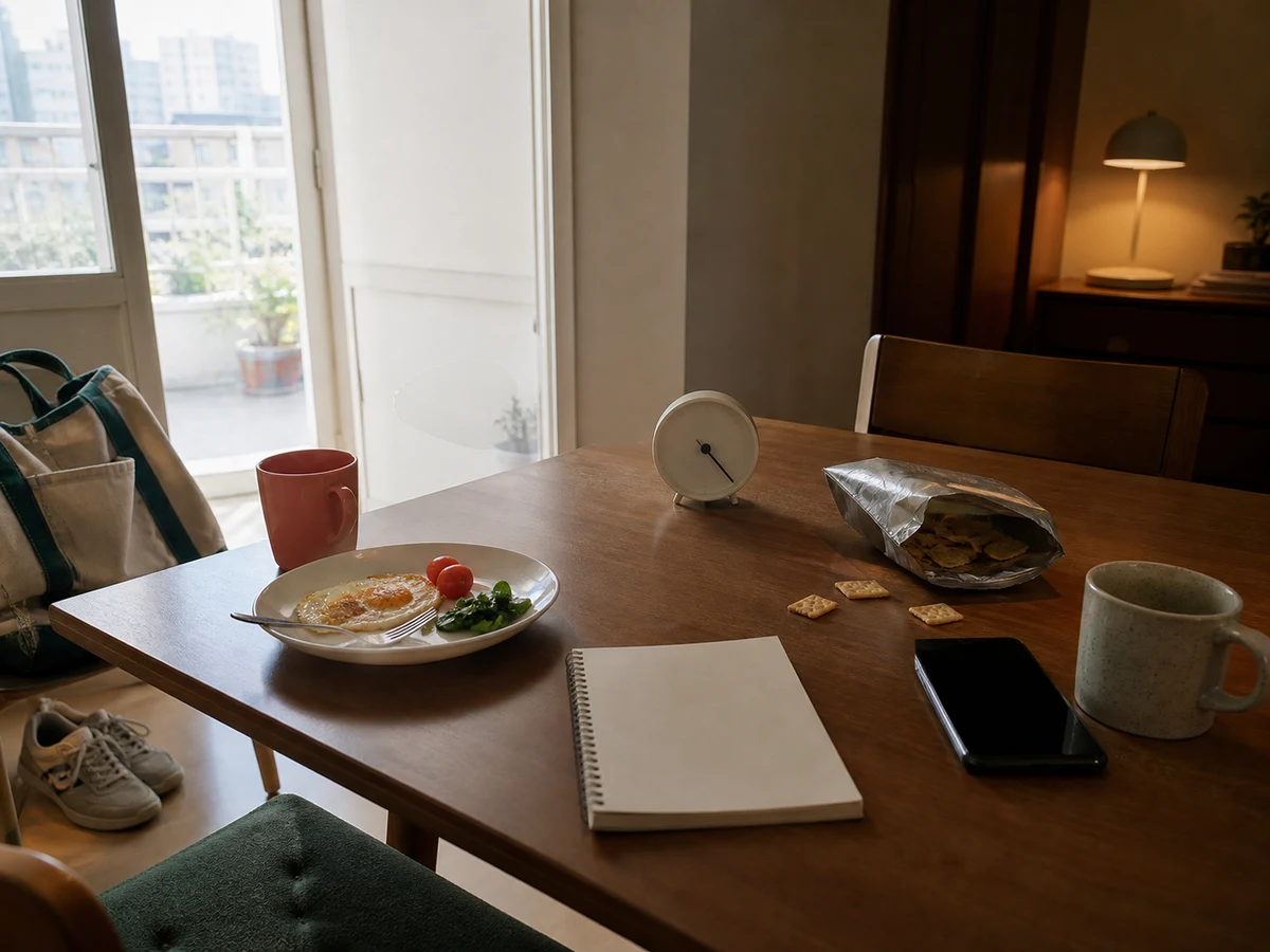 아침 식사는 남아 있고 밤에는 간식과 휴대전화가 놓인 한 사람의 하루