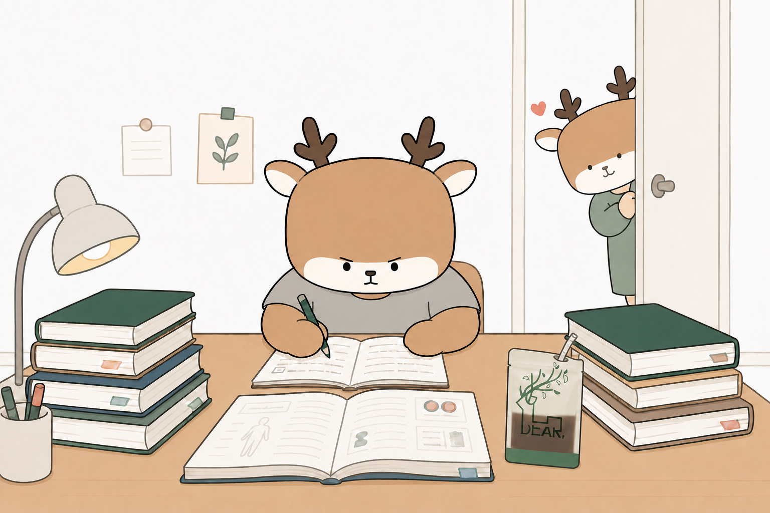 반팔 회색 티셔츠를 입은 수험생 사슴이 한약 파우치를 곁에 두고 책상에서 열심히 공부하며, 엄마 사슴이 열린 방문 사이로 바라보는 일러스트