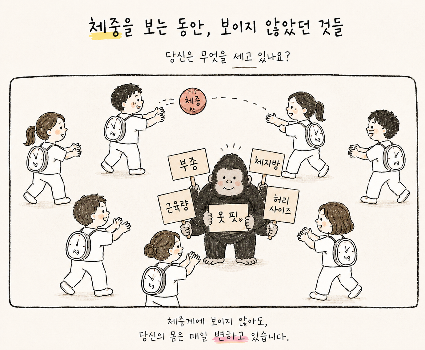 체중계를 메고 체중만 바라보는 사람들 사이에서 부종, 체지방, 근육량, 허리 사이즈, 옷 핏을 보여주는 고릴라 삽화