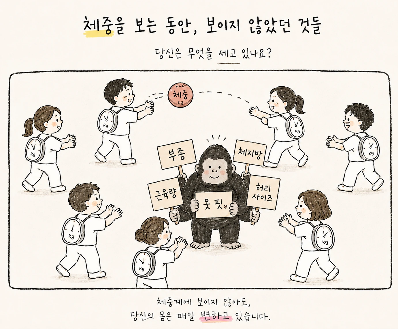 체중계를 메고 체중만 바라보는 사람들 사이에서 부종, 체지방, 근육량, 허리 사이즈, 옷 핏을 보여주는 고릴라 삽화