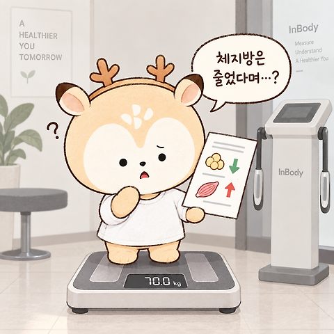 체성분 결과지를 들고 체중계 위에서 고개를 갸웃하는 디숭이