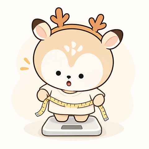 체중계 위에서 줄자로 허리를 재 보는 디숭이