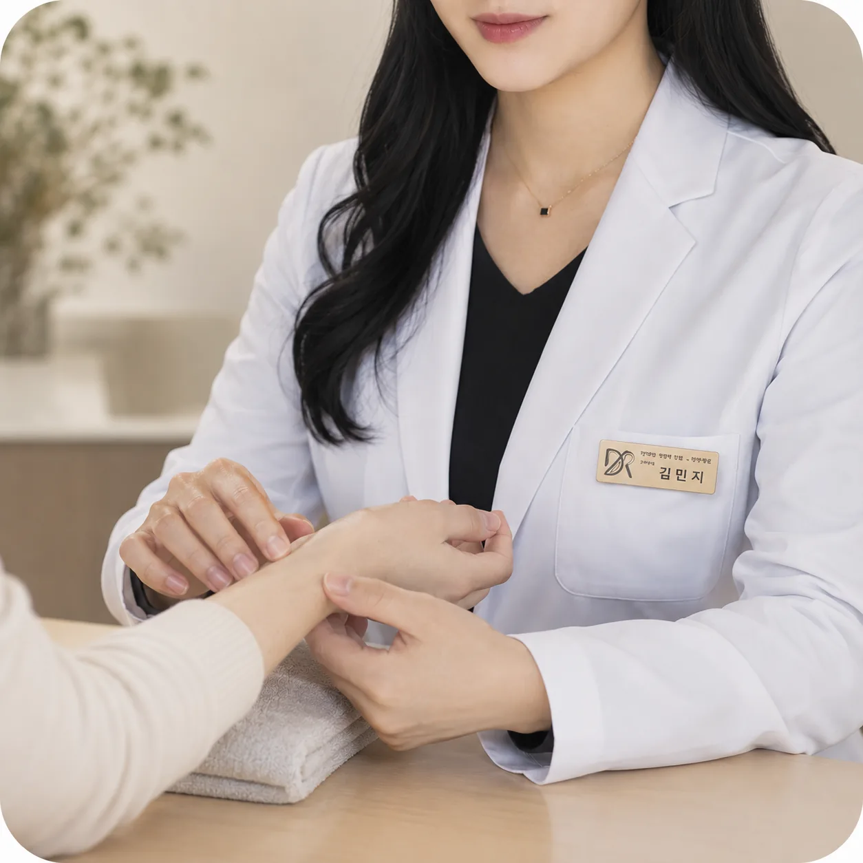 환자의 손목을 살피는 디어한의원 진료 모습